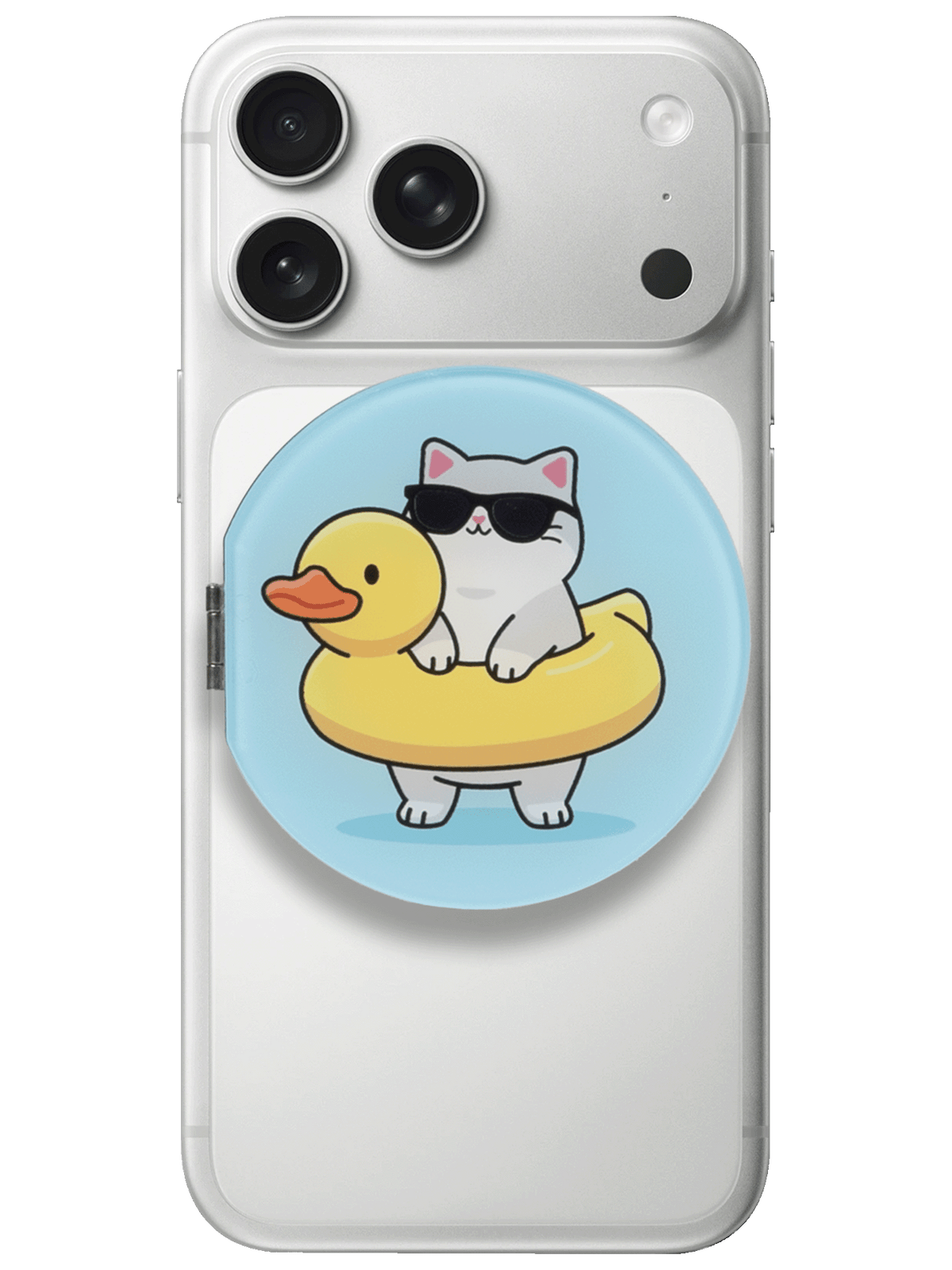 Magmoji MagSafe mirror stand, Splish Splash edition, on the back of an iPhone