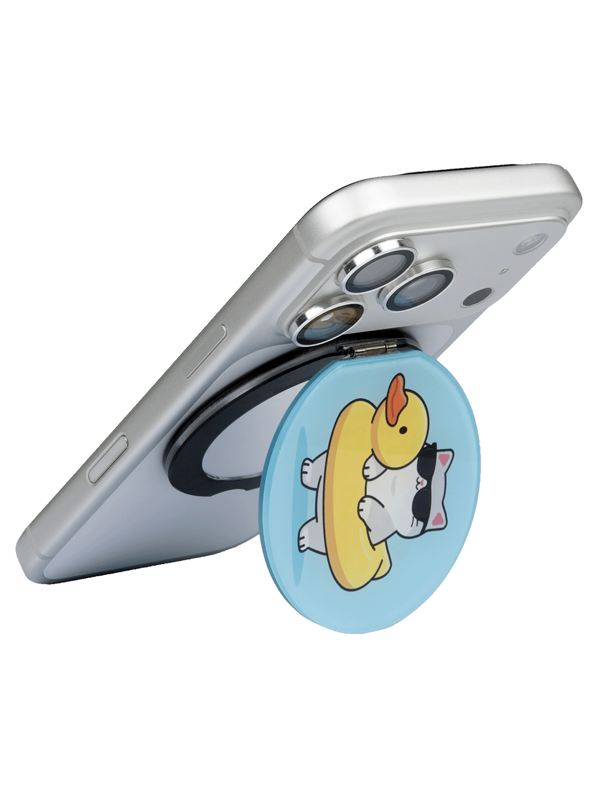 Magmoji MagSafe mirror stand, Splish Splash edition, used as a phone stand