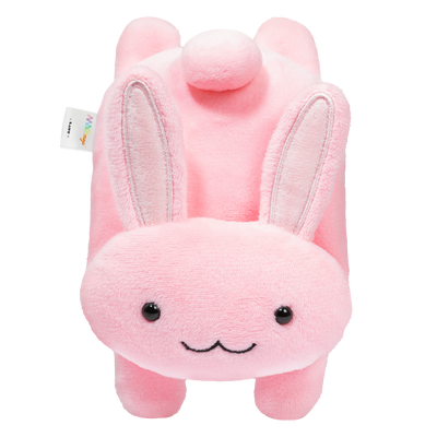 Pink plush toy with bunny ears on a white background