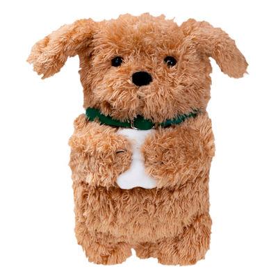 Plush dog toy with a green collar on a white background