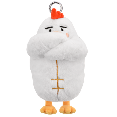 A white plush chicken character keychain with folded arms, a bright orange comb, embroidered facial features, and orange feet, attached to a silver metal ring on a plain white background.