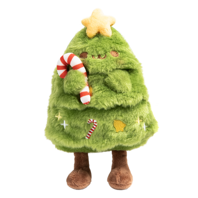 Plush toy shaped like a Christmas tree with a candy cane and star on a white background