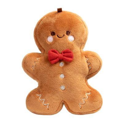Plush gingerbread man toy with a red bow tie on a white background