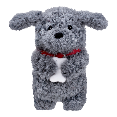 Gray plush dog toy with a red collar on a white background