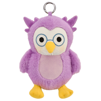 A purple plush owl keychain with yellow feet and beak, wearing round blue-rimmed glasses, on a white background.