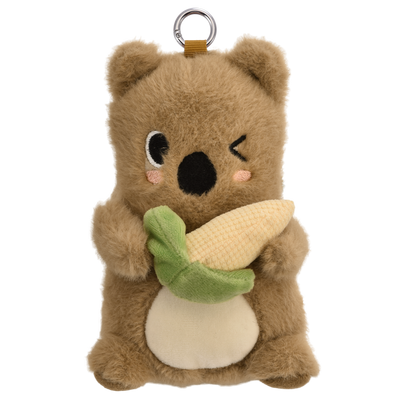 A plush toy shaped like a brown quokka holding a yellow corn with green leaves, featuring a silver metal keyring at the top, set against a plain white background.