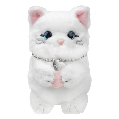 White plush cat toy Magsafe wallet with a pink heart and silver collar on a white background