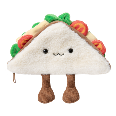 Plush toy shaped like a sandwich with a smiling face on a white background