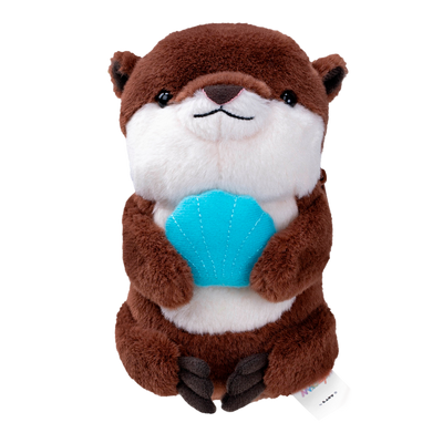 Plush toy otter holding a blue shell on a white background