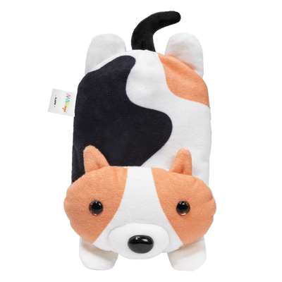 Plush toy shaped like a dog with black, white, and orange colors on a white background