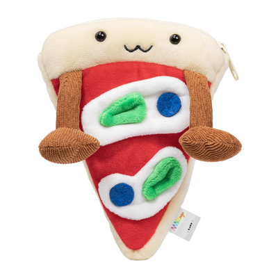Plush toy shaped like a pizza slice with a face on a white background