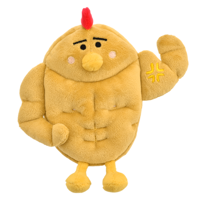 A yellow plush toy shaped like a muscular cartoon chicken character with a red comb, black embroidered facial features, pink cheeks, and a yellow star symbol on one arm, shown on a plain white background.