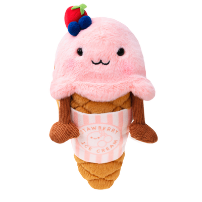 Plush toy resembling a strawberry ice cream cone on a white background