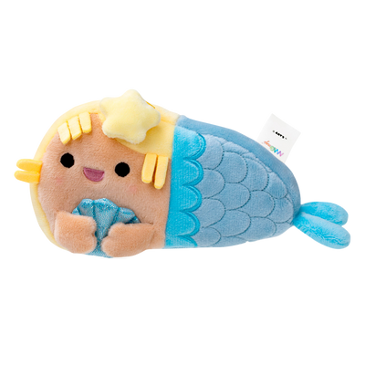 Plush toy mermaid with blue tail and yellow hair on a white background