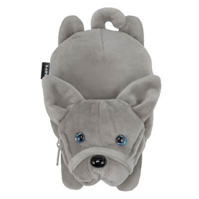 Gray dog-shaped plushie magsafe wallet on a white background